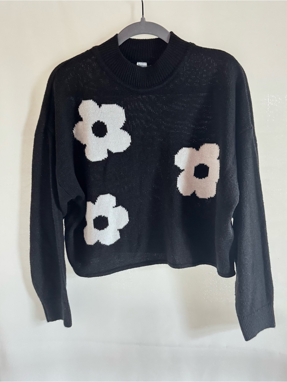Women's Black Floral Crewneck Sweater - White Flower Detail